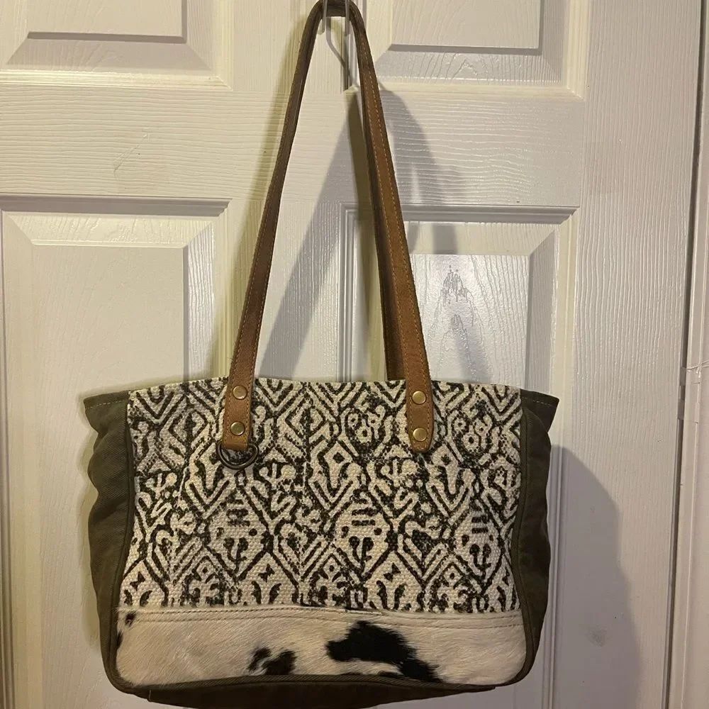 Myra Bag Spencer Spencer up cycled canvas and cowhide leather tote bag